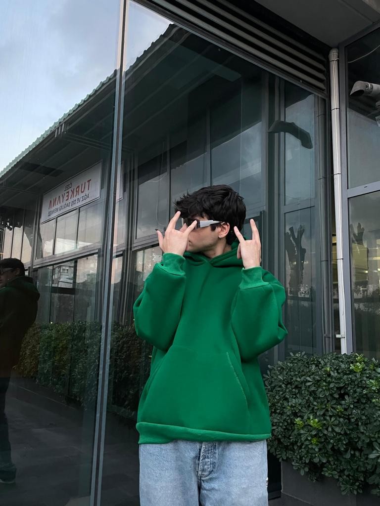 Yeşil Oversize Basic Hoodie