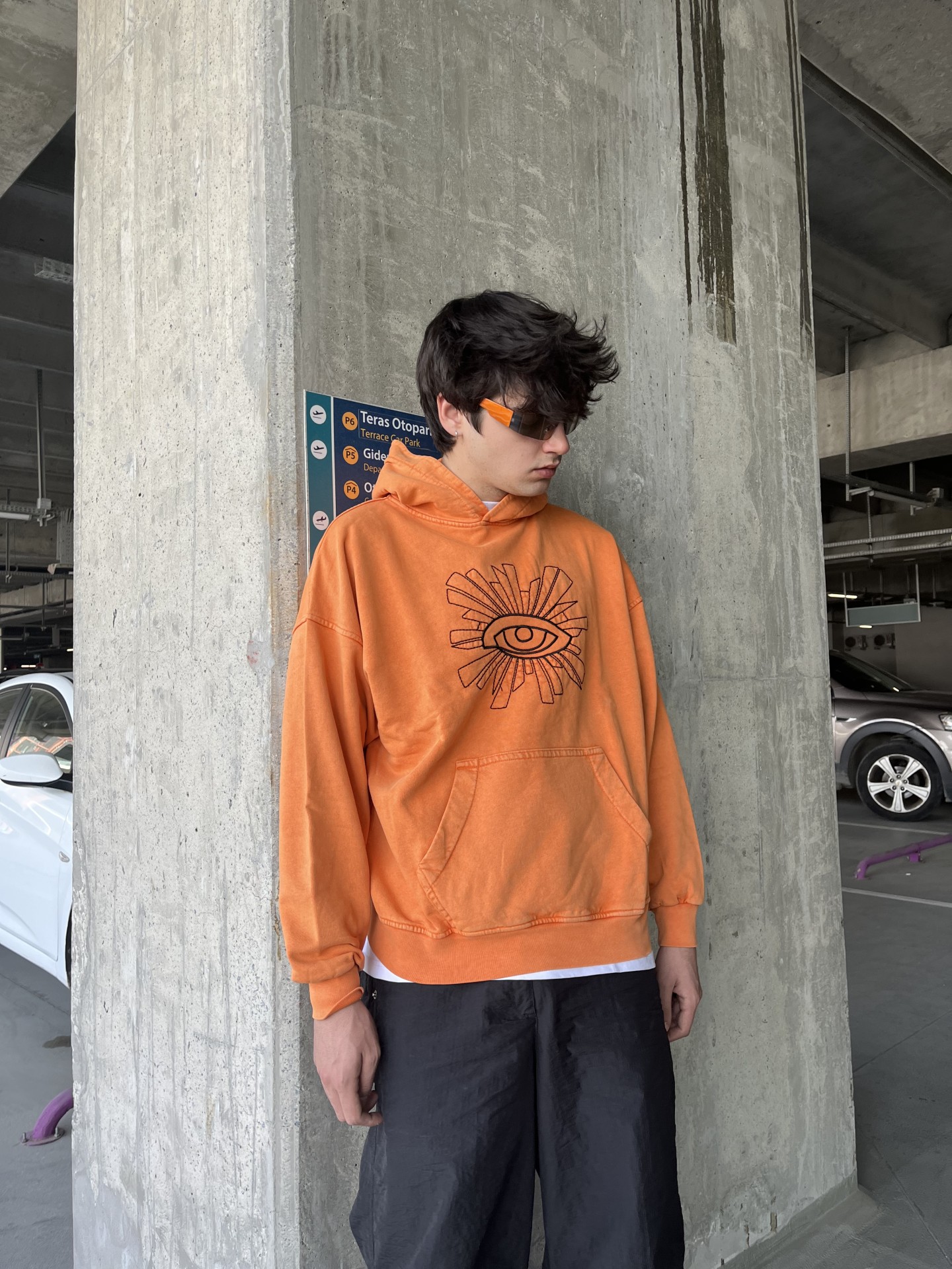 Eyes Detail Orange Washed Hoodie