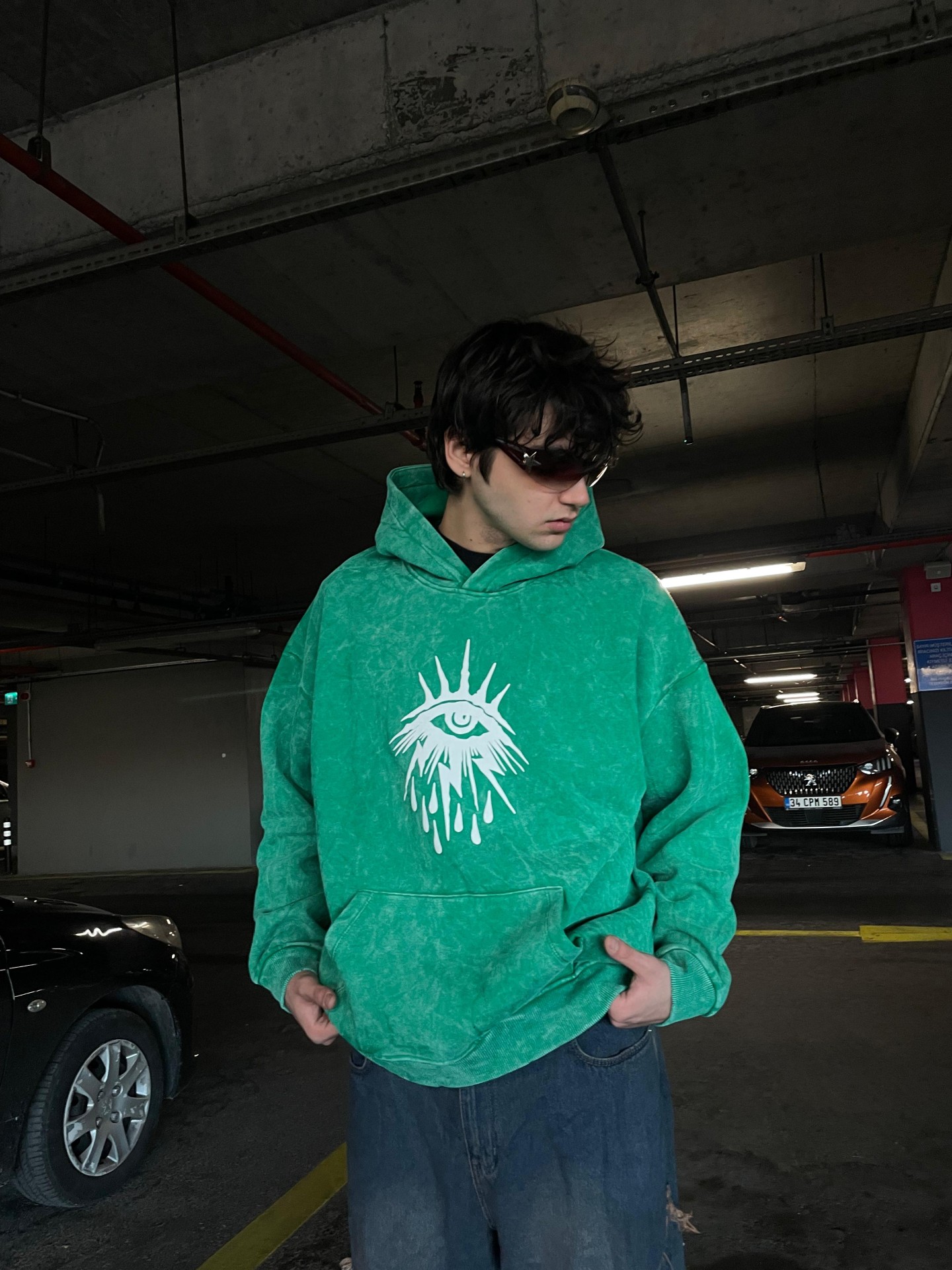 Eyes Detail Green Washed Hoodie