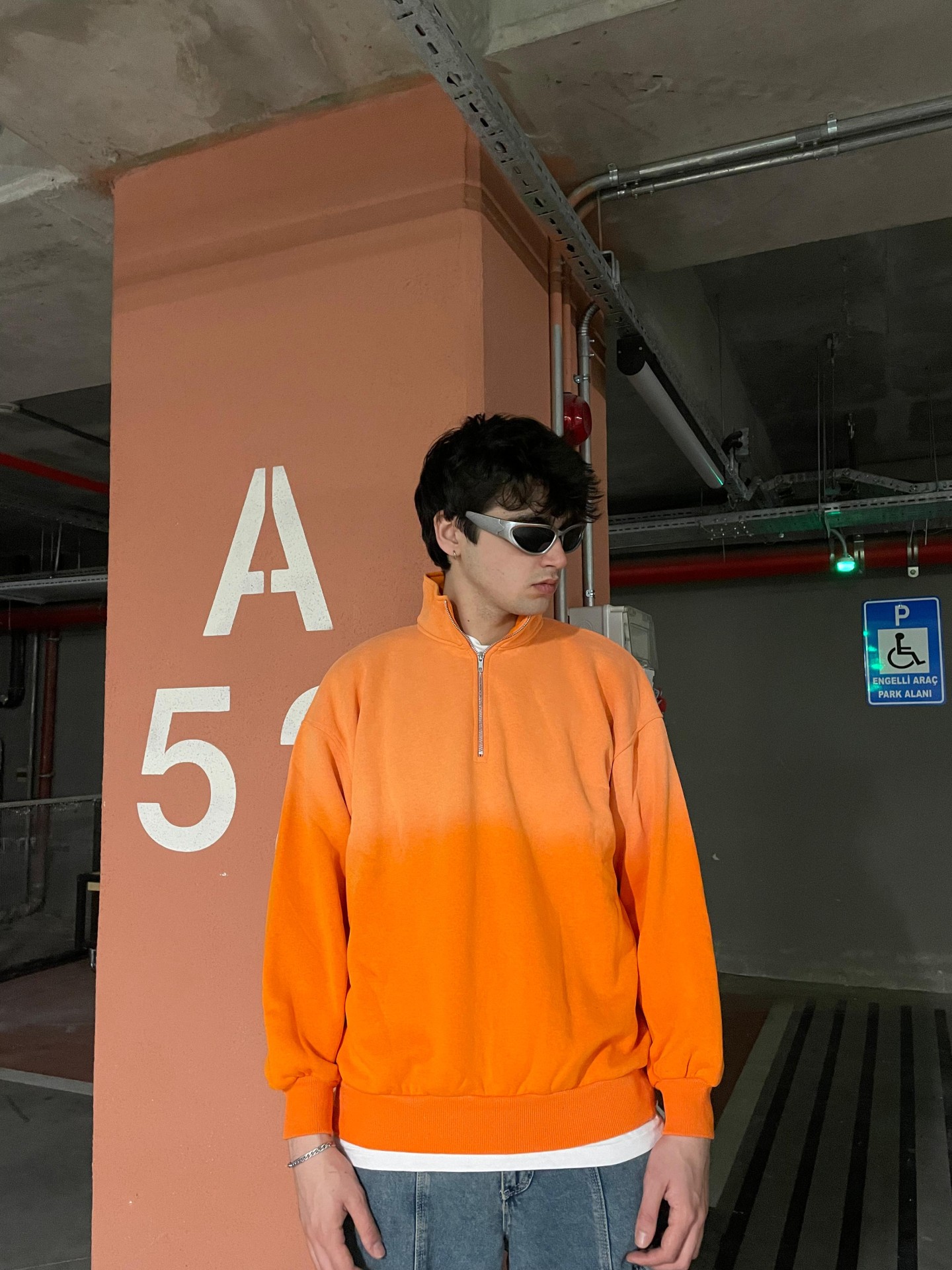 Double Color Turuncu Half Zip Sweatshirt