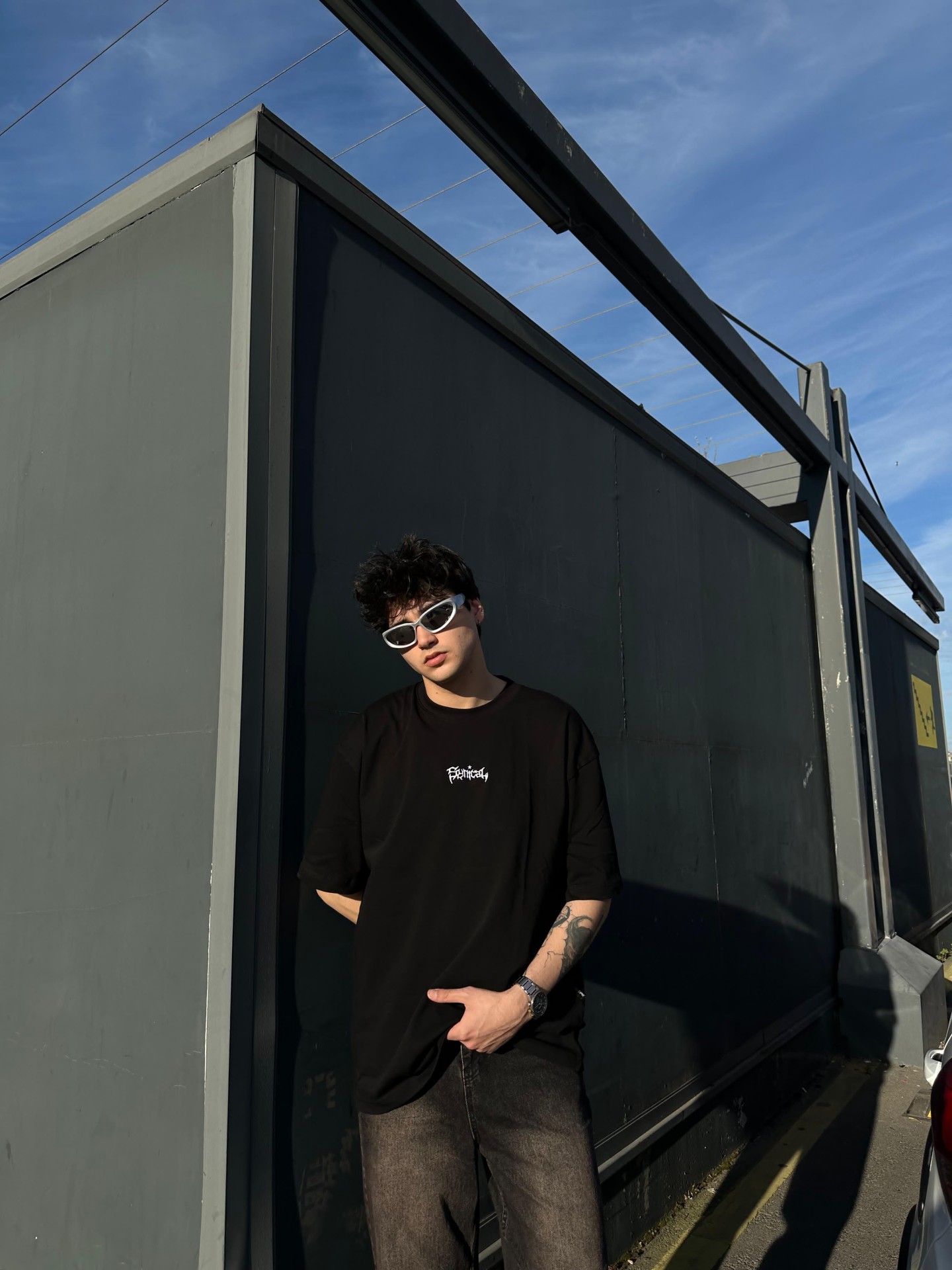 Social Mini Print Black Oversize Tshirt 