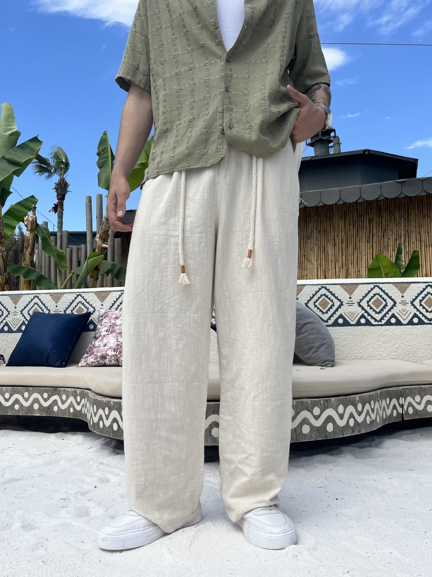 Linen Collection Kordonlu Bej Keten Kumaş Pantalon
