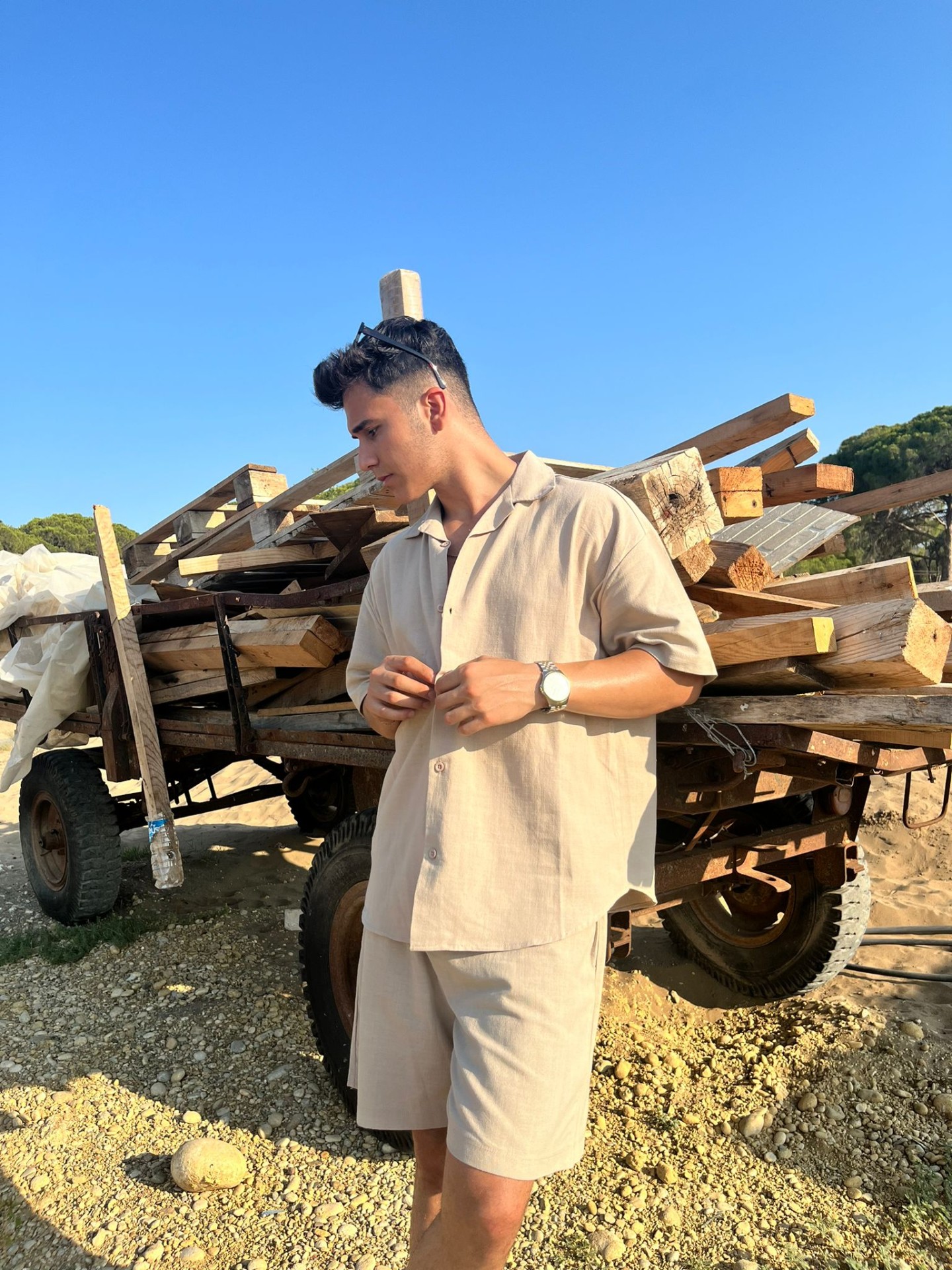 Kahve Şortlu Keten Gömlek Takım 