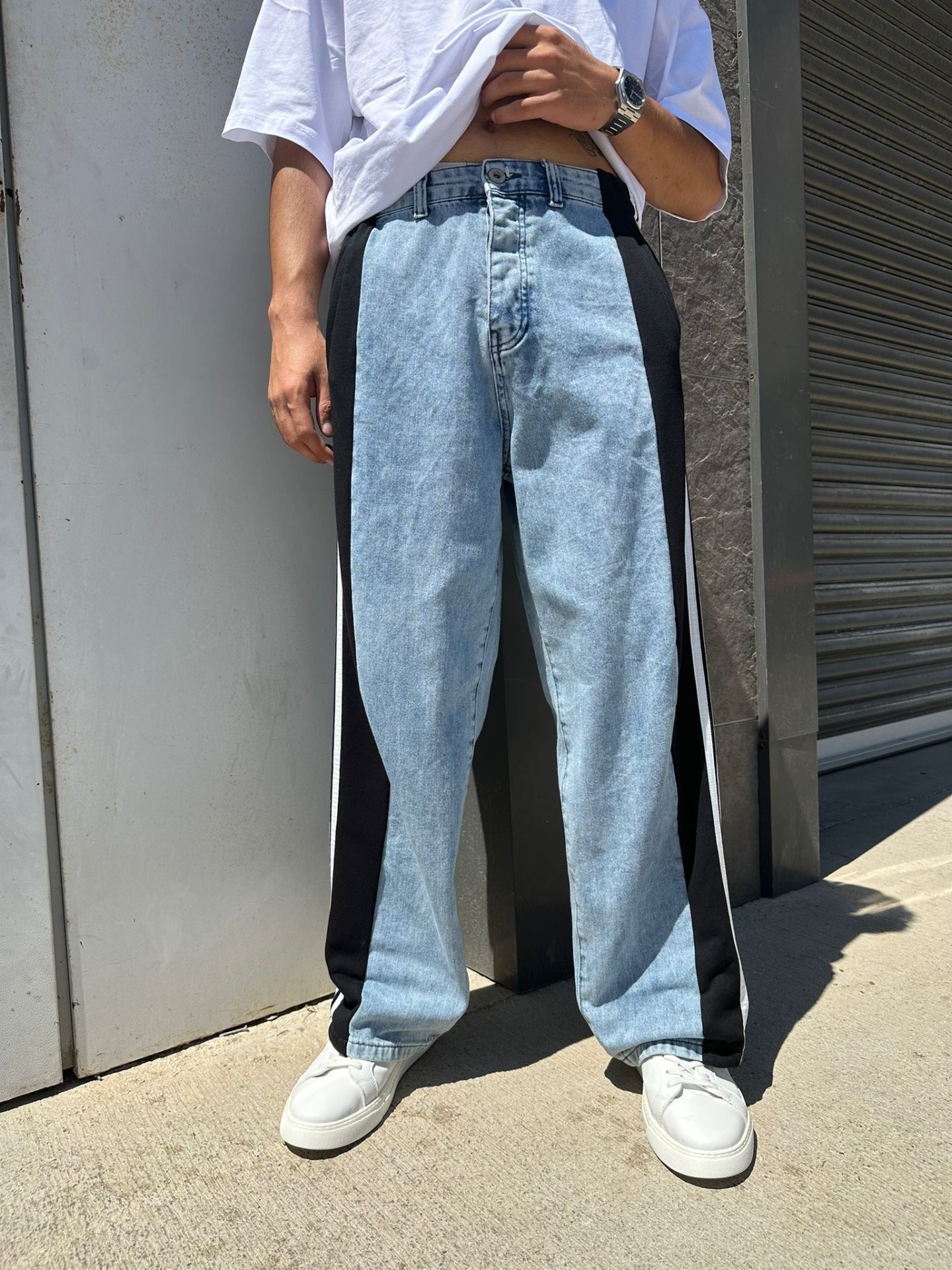 Mavi Şerit Detay Double Baggy Jean