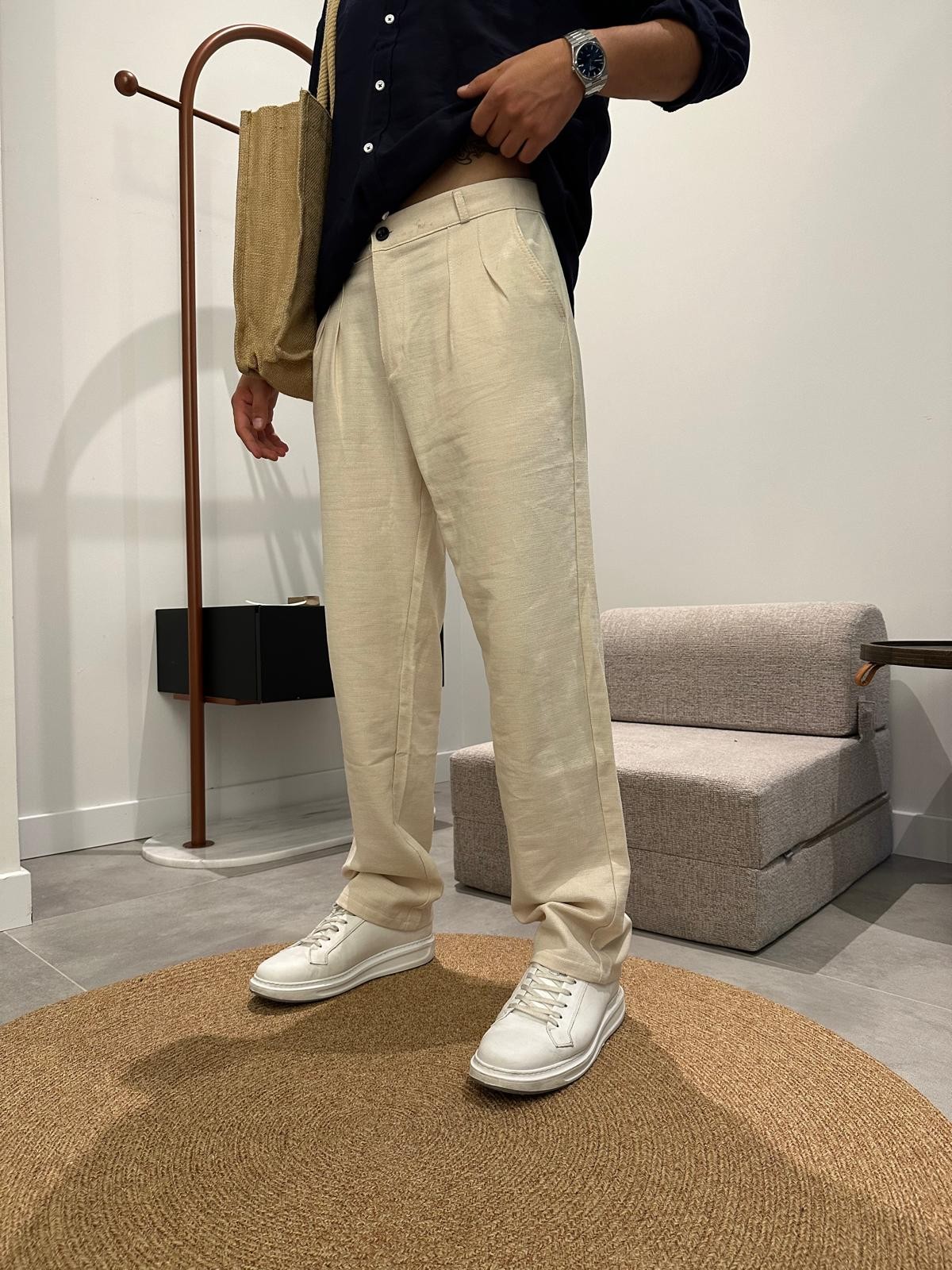Old Money Bej Pileli Keten Pantolon 
