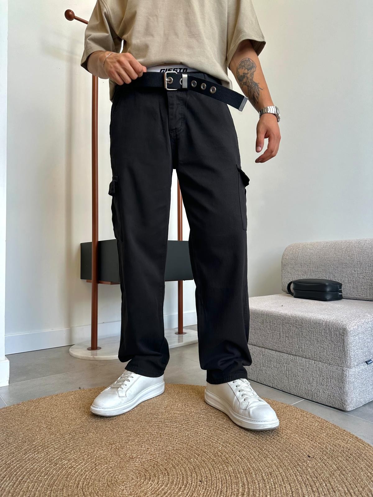 Black Basic Cargo Baggy Pantolon