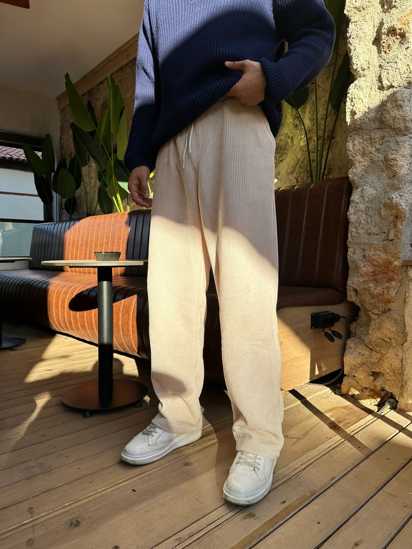 Fitilli Şönil Bej Baggy Pantolon