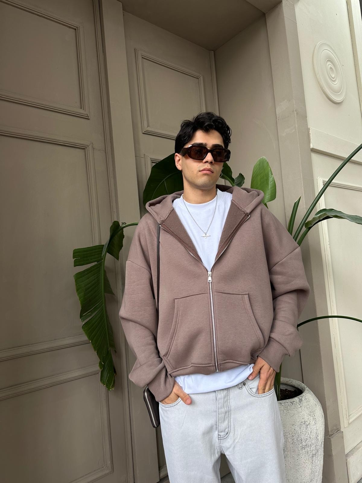 Kahve Oversize Basic Zip Hoodie 