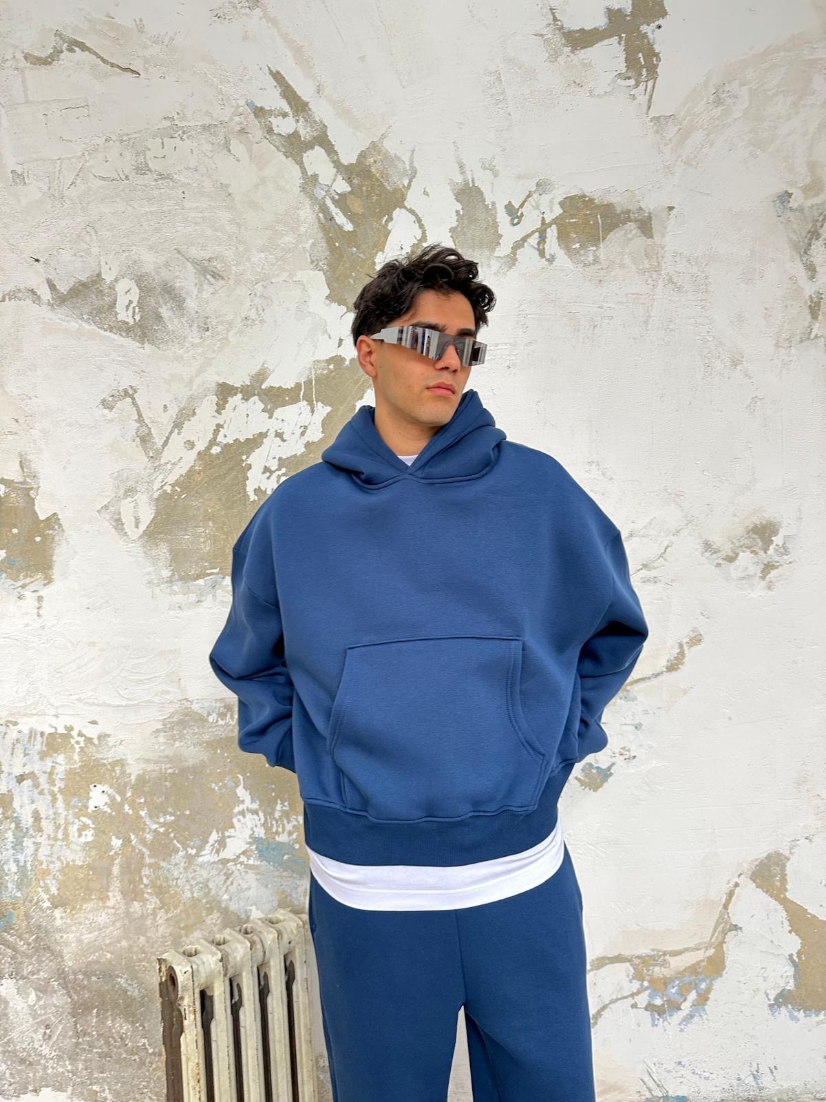 İndigo Mavisi Oversize Basic Hoodie