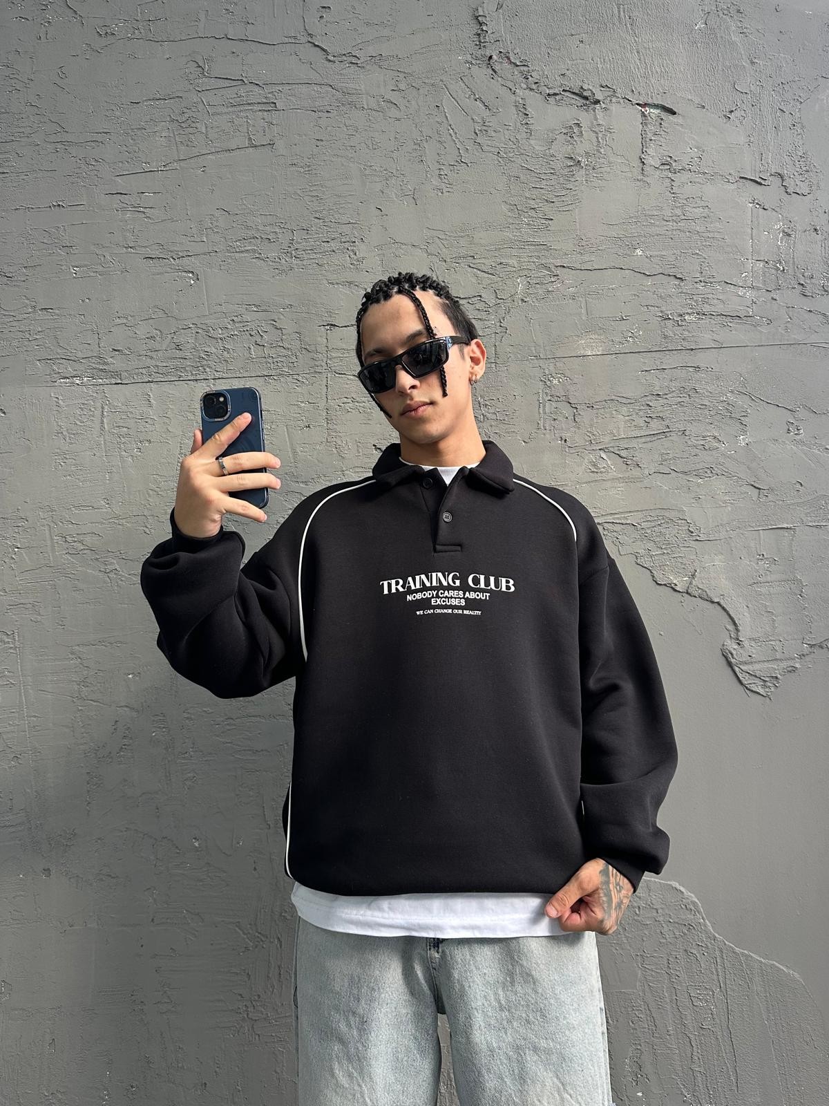 Training Club Back Print Black Polo Yaka Sweatshirt 