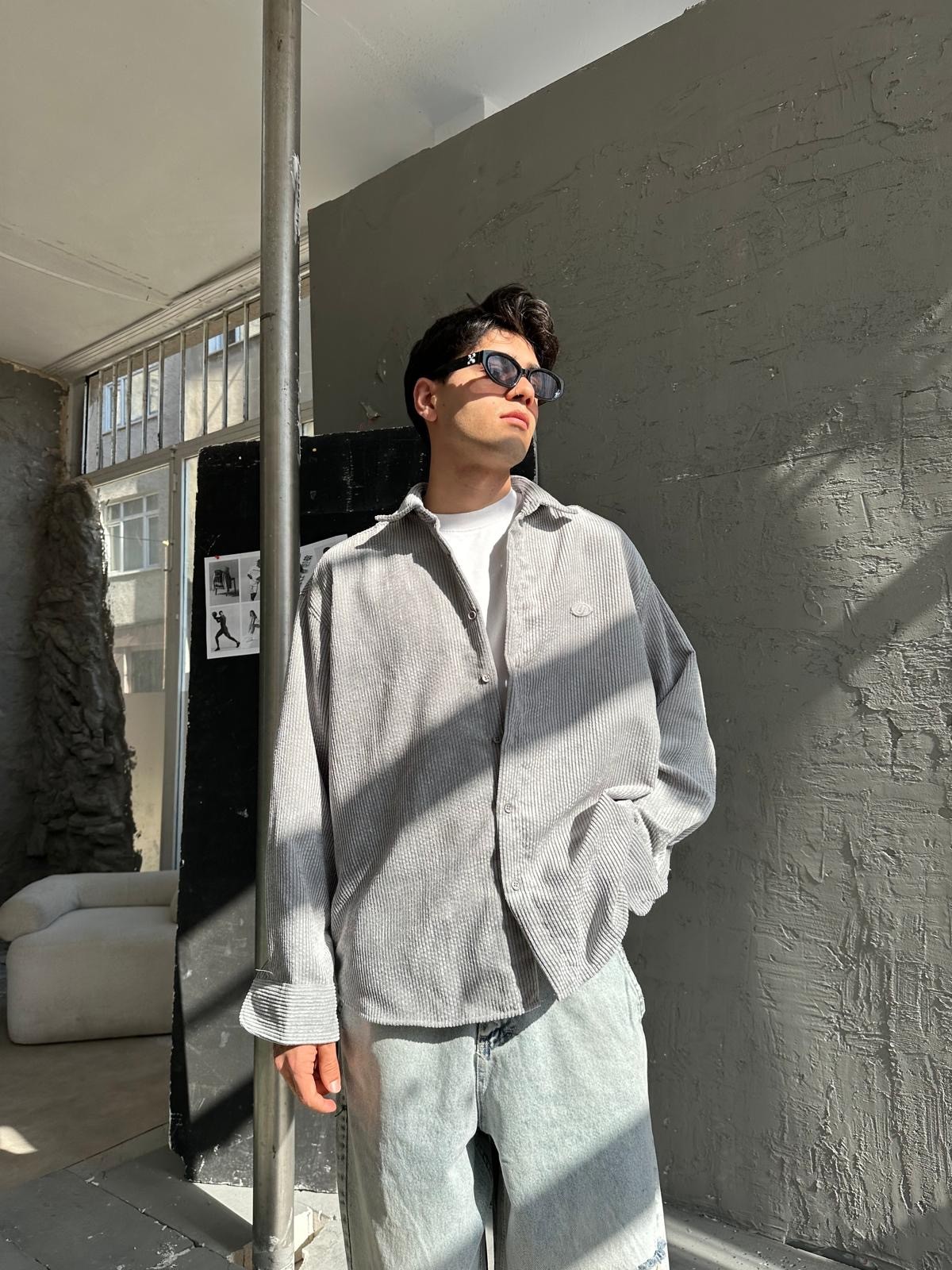 Grey Logo Detay Oversize Old Money Gömlek 