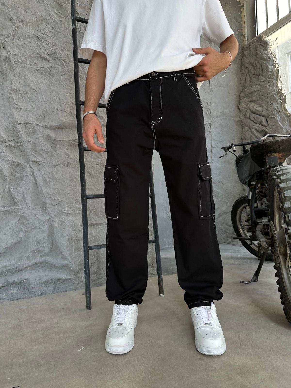 Siyah Kargo Ters Dikiş Baggy Pantolon 