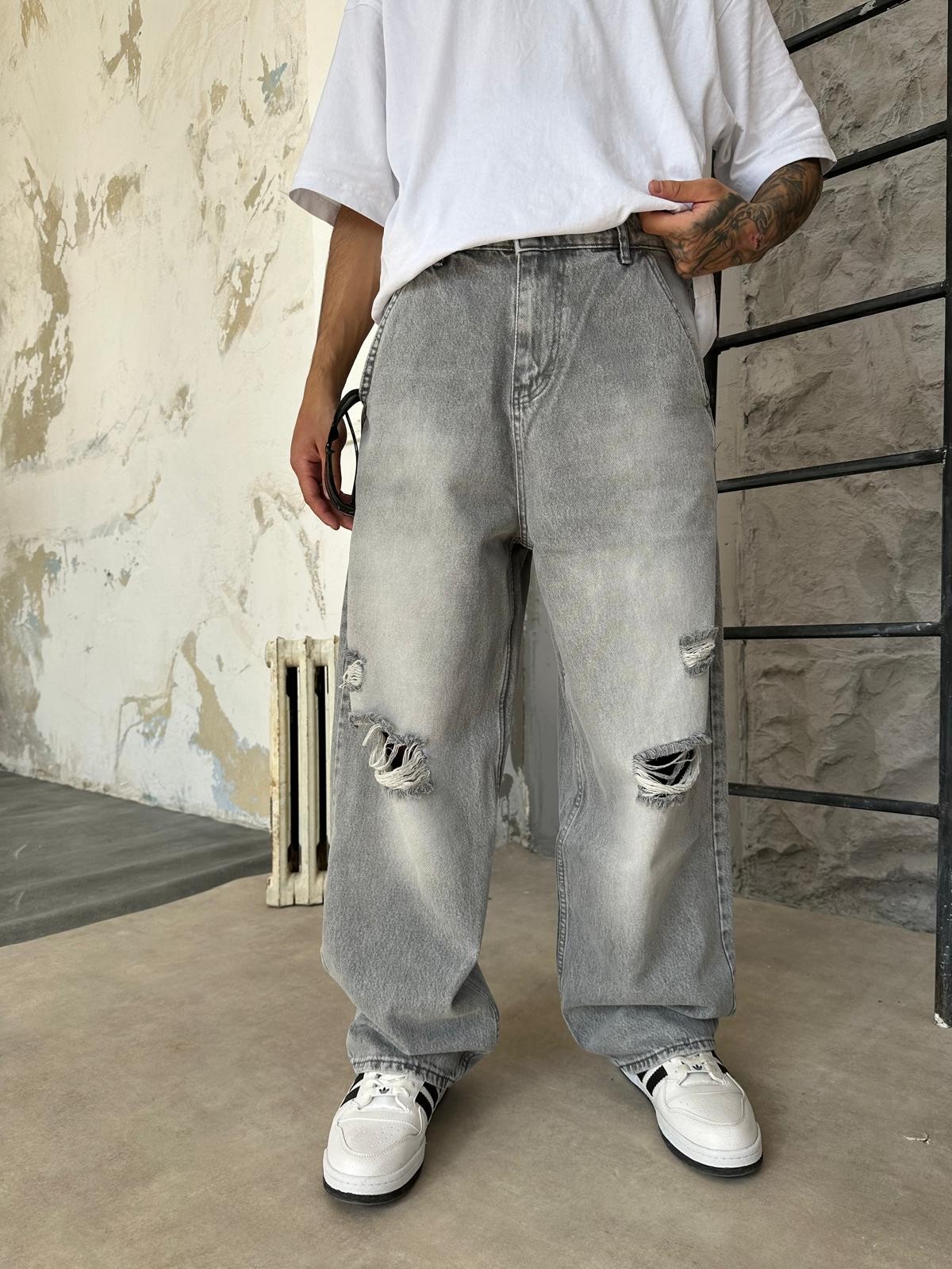 Yırtık Detay Gri Baggy Jean 