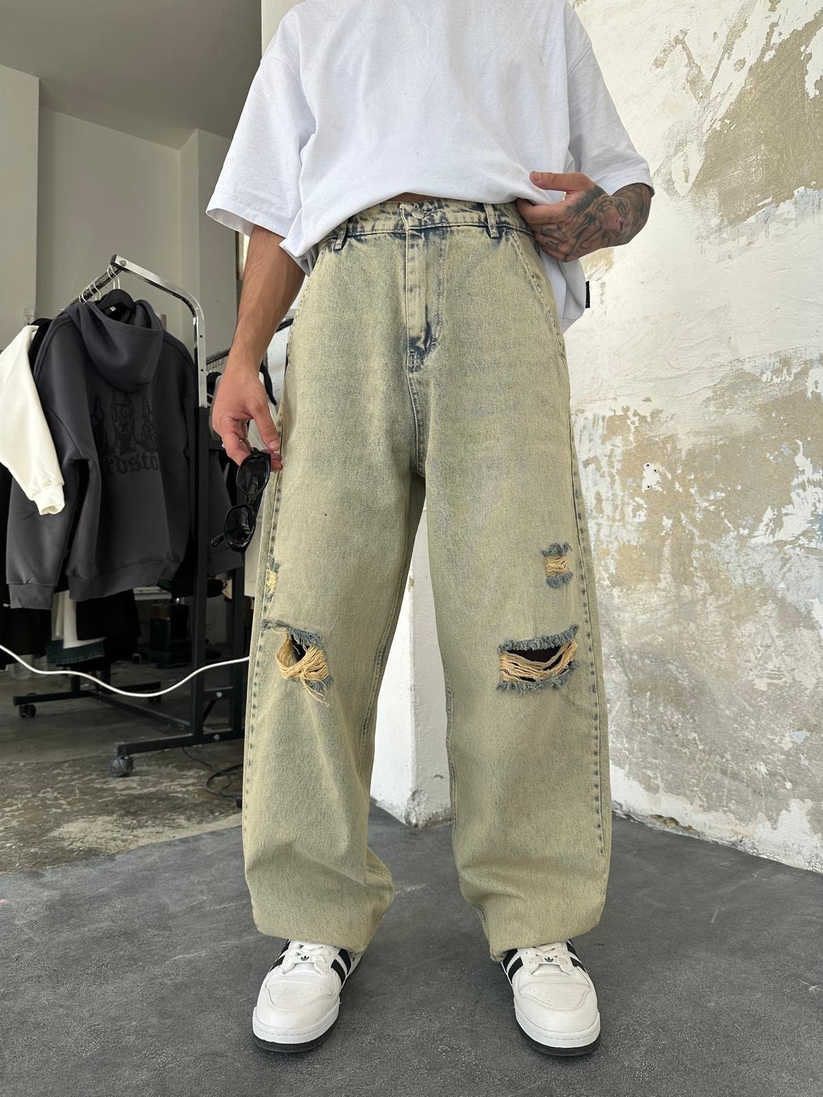 Yırtık Detay Green Baggy Jean 