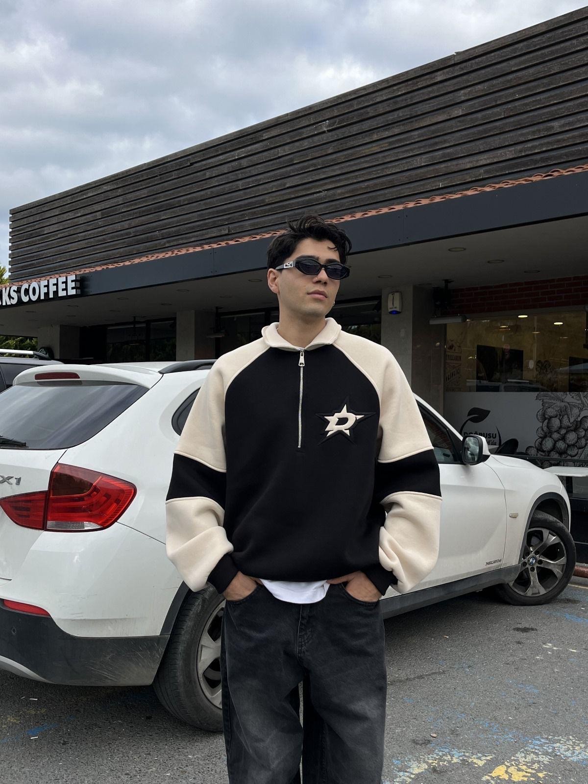 D Star Nakışlı Half Zip Siyah Sweatshirt