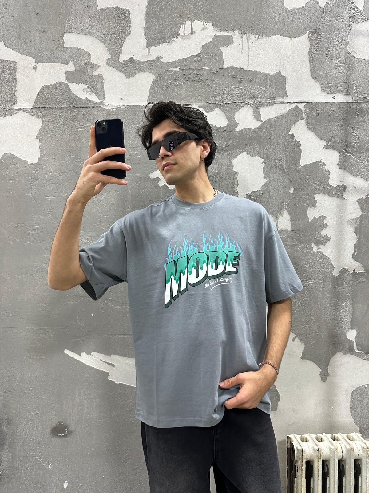 Mode Fire Print Antrasit T-Shirt