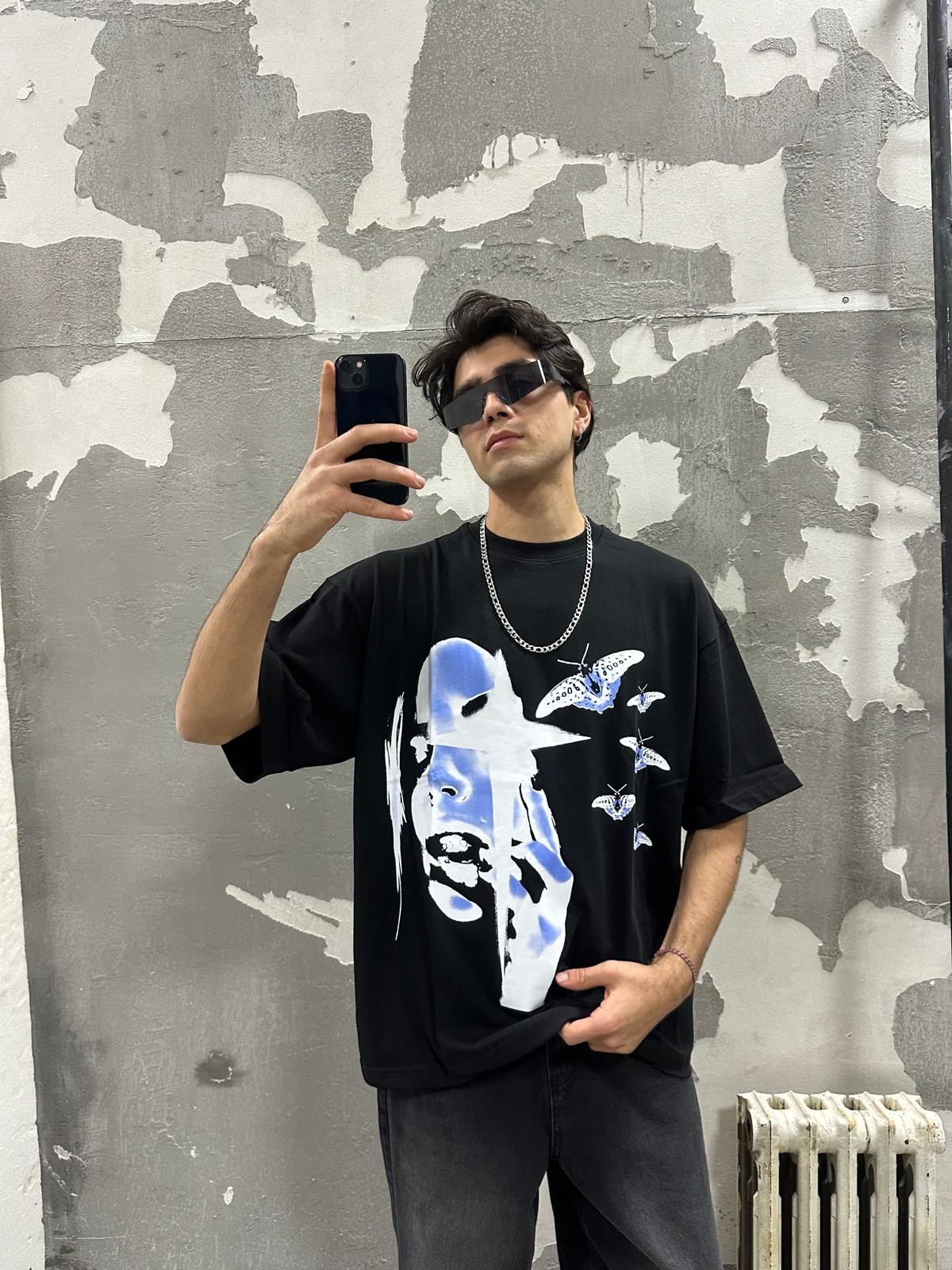 Butterfly Face Print Siyah T-shirt