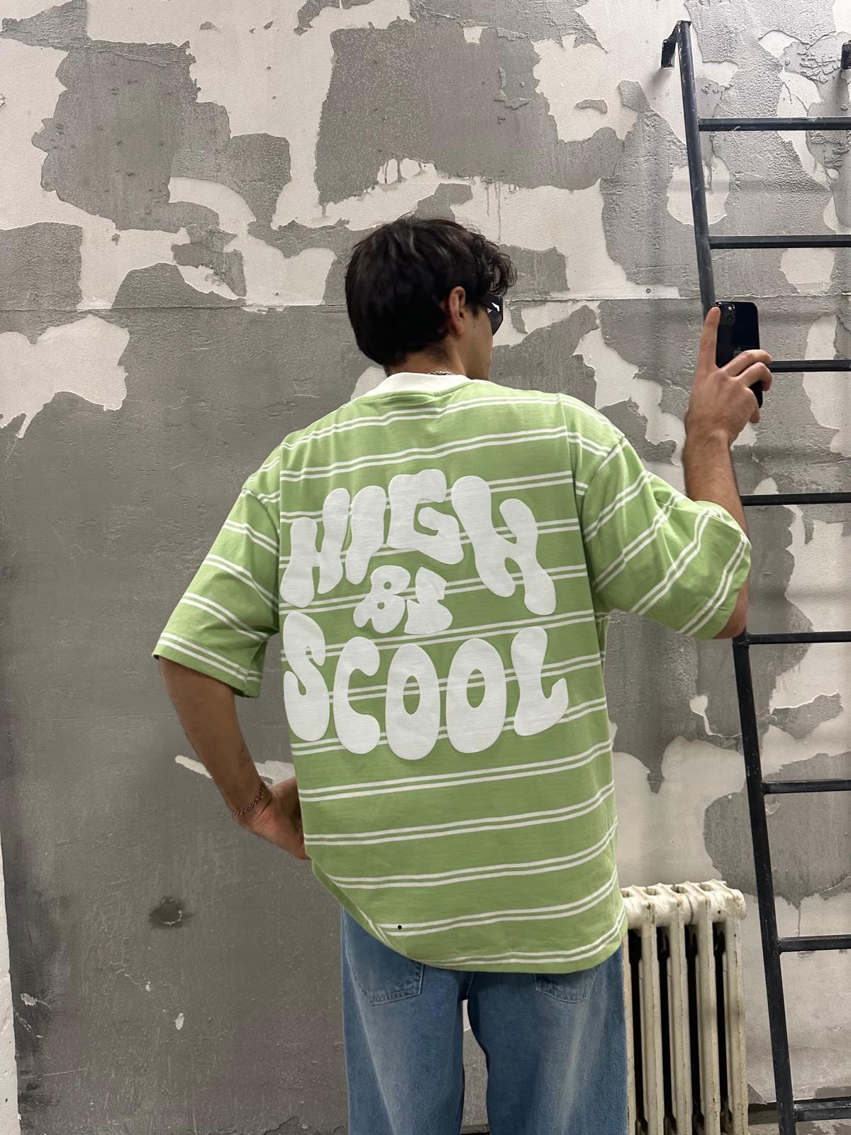 High By Scool Print Yeşil Çizgili Tshirt