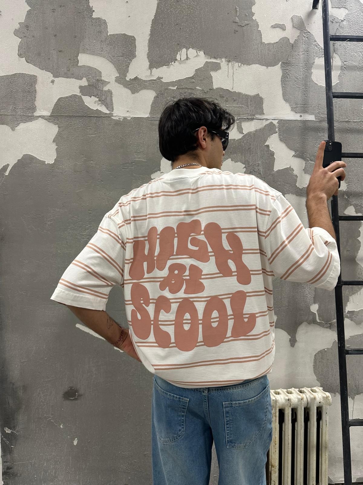 High By Scool Print Kırmızı Çizgili Tshirt