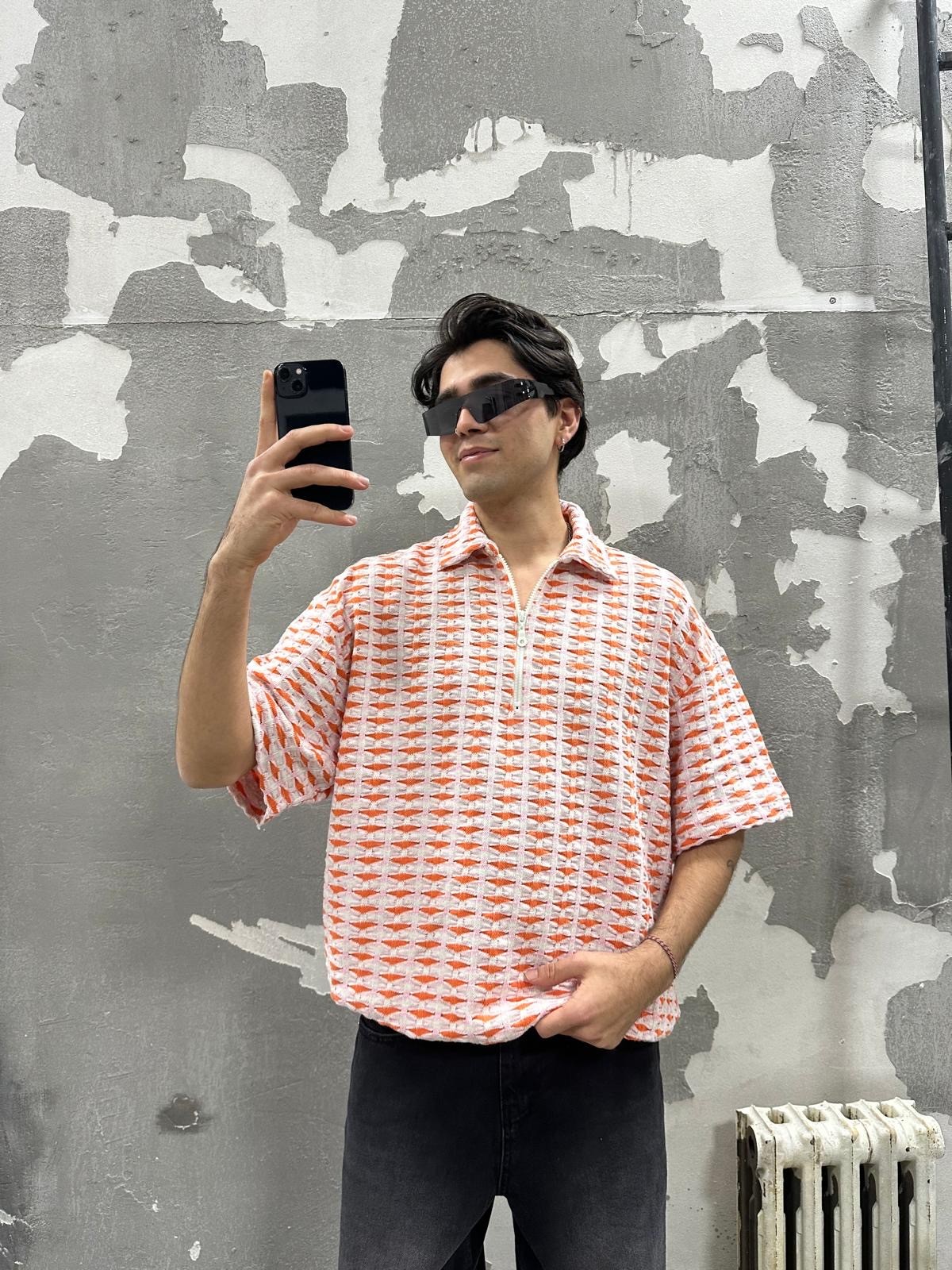 Fermuarlı Etnik Oversize Kalın T-Shirt