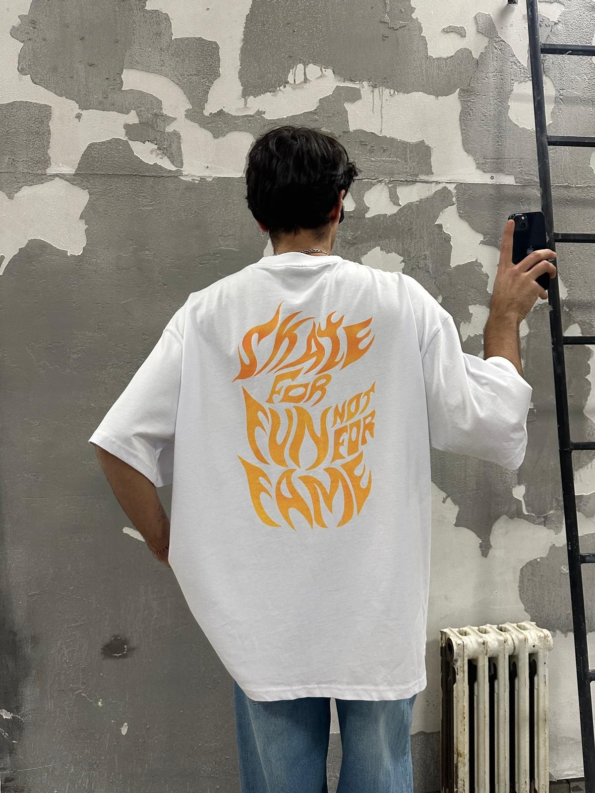 Enjoyment Fire Back Print White T-Shirt