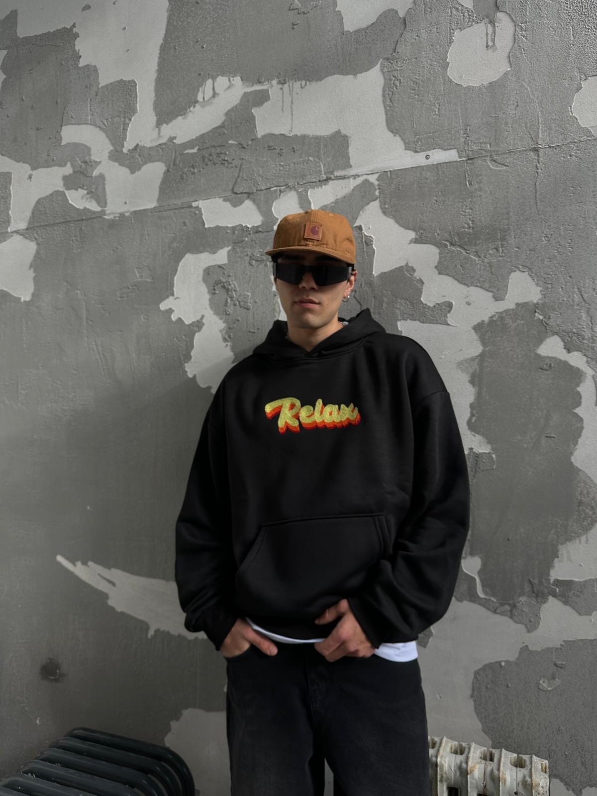 Relax Nakışlı Siyah Hoodie